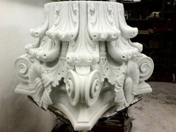 Pair of white marble Corinthian capitals carved by stone carver and letter cutter Gary Churchman