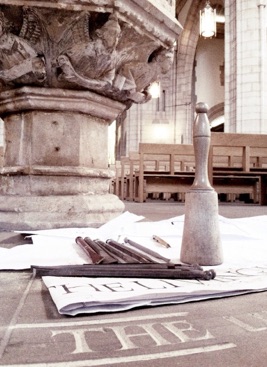 Leeds Cathedral.  Close up of Inscription, carved by: Heritage stone carver Gary Churchman