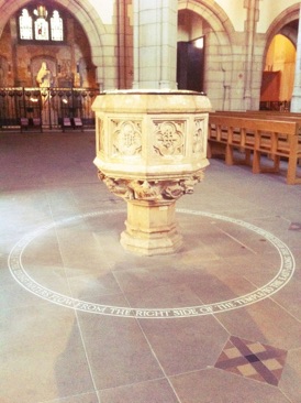 Leeds Cathedral.  Inscription carved by Heritage stone carver Gary Churchman